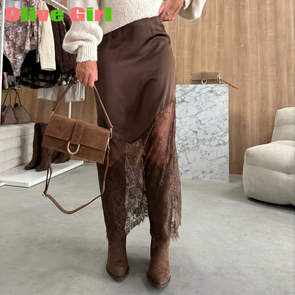 กระโปรงสั้นทรงสวยสไตล์เซ็กซี่ 2025 ยุโรปอเมริกา ฤดูใบไม้ร่วง ฤดูหนาว กระโปรงผู้หญิงเซ็กซี่แต่งลูกไม้แบบต่อผ้า ความยาวปานกลาง