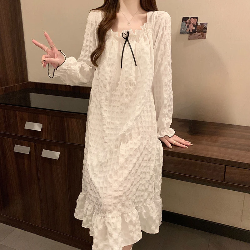 

2024 New Women's Sweet Square Collar with Chest Pad Nightdress Spring Autumn Large Size Long Pajamas Simple Solid Color Homewear