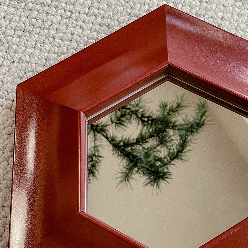 Red Hexagonal Decorative Mirrors French-style Wall Decor Elegant Dressing Table Mirror Luxury Bedroom Vanity Looking Glass
