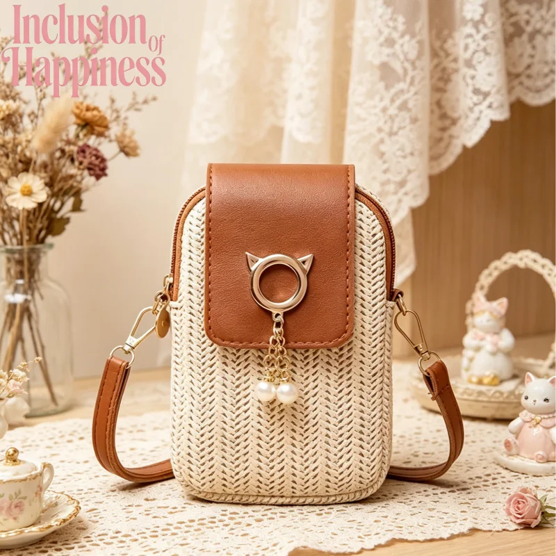 

Party Vacation Straw Woven Wallet Casual Cute Mini Crossbody Bag For Going Out Small Coin Purse Mobile Phone Bag Shoulder Bag