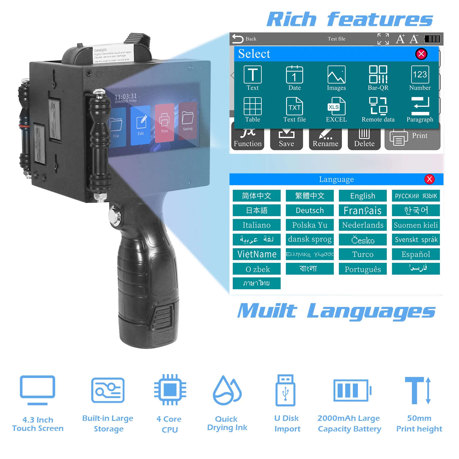 50mm Handheld Inkjet Printer Gun with 2 Fast-drying Cartridge for QR Barcode Batch Number Logo Expiry Date Label Coding Machine