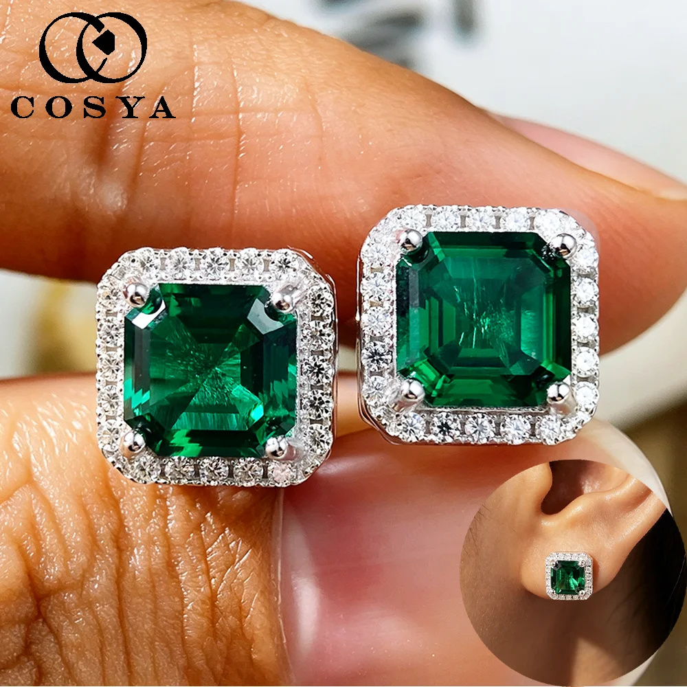 COSYA 4CT Asscher Cut Lab Grown Zambian/Colombian Emerald Earrings for Women S925 Silver Halo Moissanite Dianty Fine Jewelry