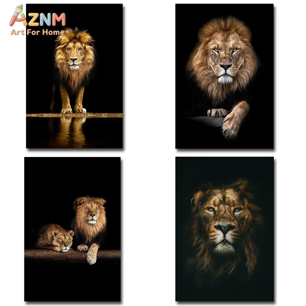 AZNM Majestic African Male Lion Canvas Wall Art, Dark Black Background Wild Animal Wildlife Photography Painting, Modern Home Ro