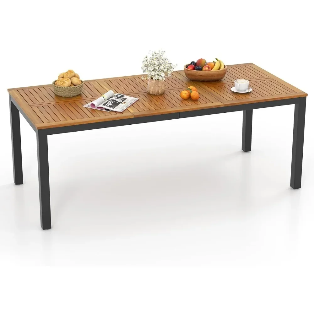Modern 79 Inch Outdoor Table With Umbrella Hole, Metal Legs & Adjustable Foot Pads, 8-Person, Acacia Wood Patio Table