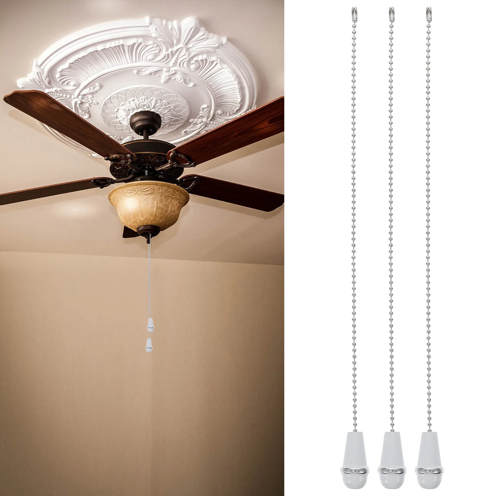 

3Pcs Light Pull Chain Extension Wood Handle Fan Pull Cord Compatible with Ceiling Fans and Bathroom Lights Decorative Portable