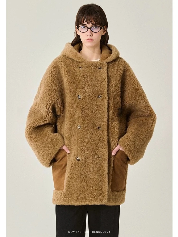 

High-end Luxury Merino Sheep Fur Winter Shearling Jackets Women Simple Mid-length Hooded Genuine Leather Real Fur Lambswool Coat
