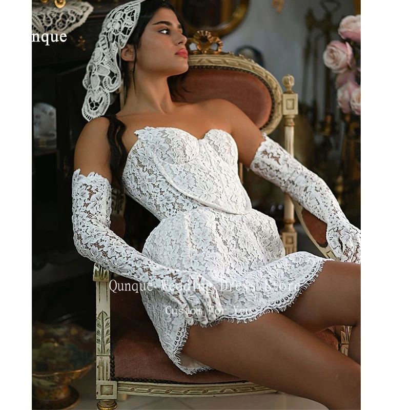 

Qunque Above Knee Bride Gowns A-line Lace Sweetheart Neck Sexy Illusion Wedding Dresses for Women Vestidos De Novia Customized