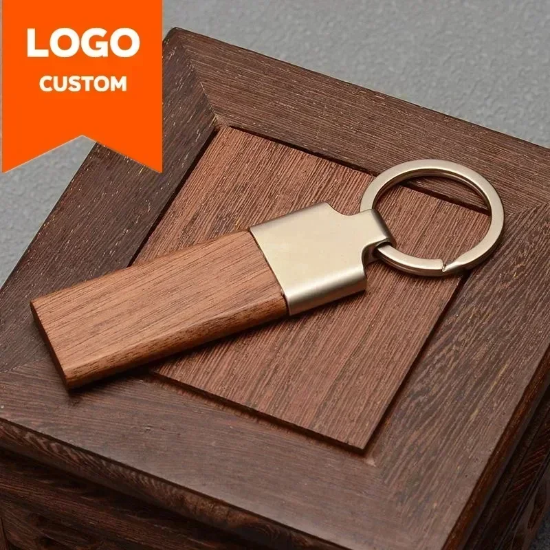 Laser Custom LOGO Wooden Metal Keychain Blank Rosewood Walnut Wood Engraved Key Chains for Company Hotel Personalize Car Keyring