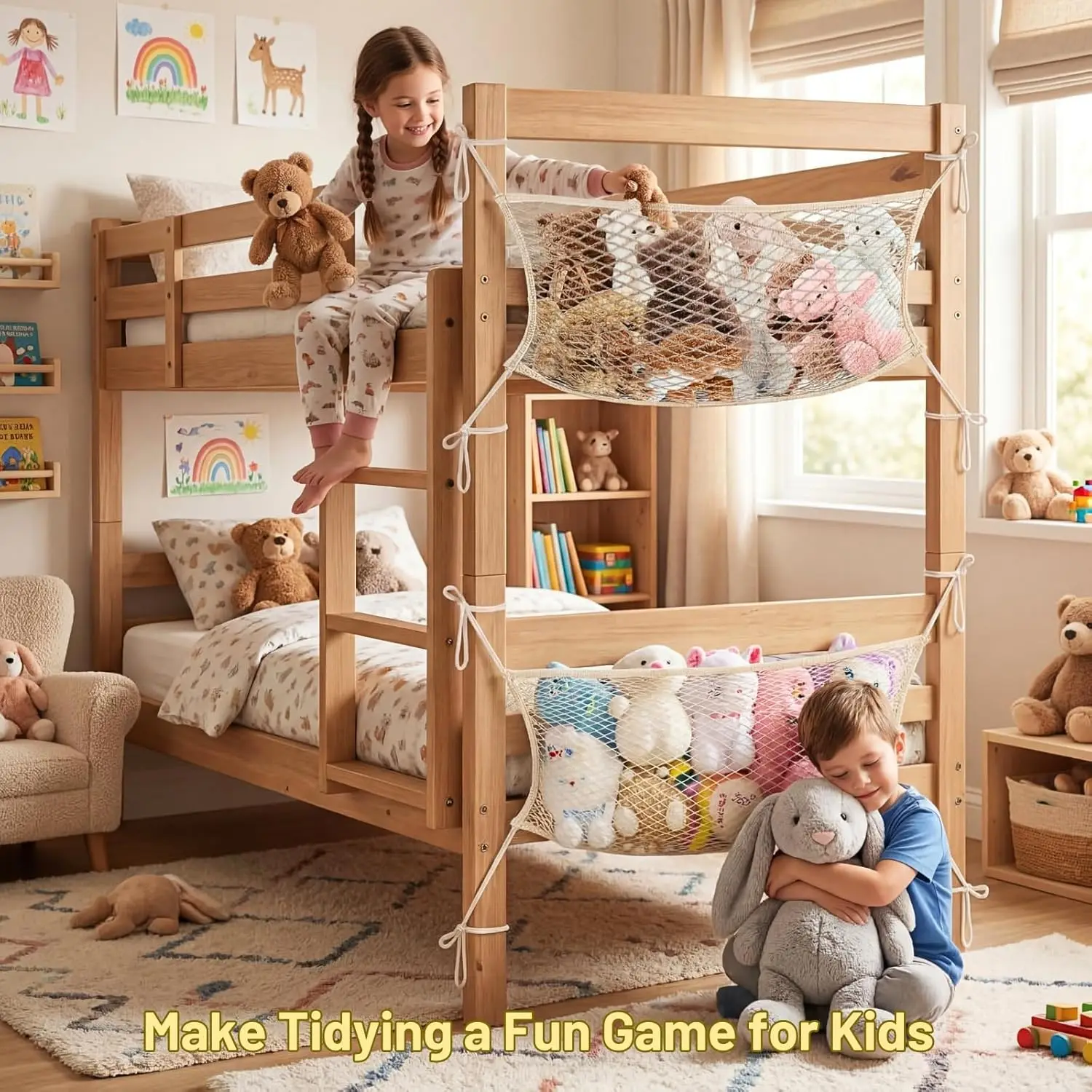 Stuffed Animal Storage Net for Kids, Bedside Toy Organizer with Tether, Stretches up to 35 Inches, Beige view 5