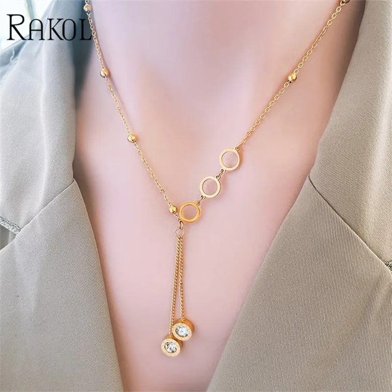 RAKOL Stainless Steel Roman Numerals Necklace for Women Gold-Color Fashion Zircon Long Pendant Necklaces Girls Jewelry image 2