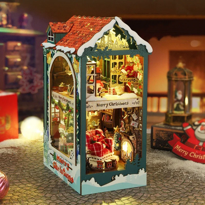 

NEW DIY Wooden Merry Christmas Book Nook Shelf Insert Miniature Model Kits With Furniture Lights Bookshelf Bookend Friends Gifts