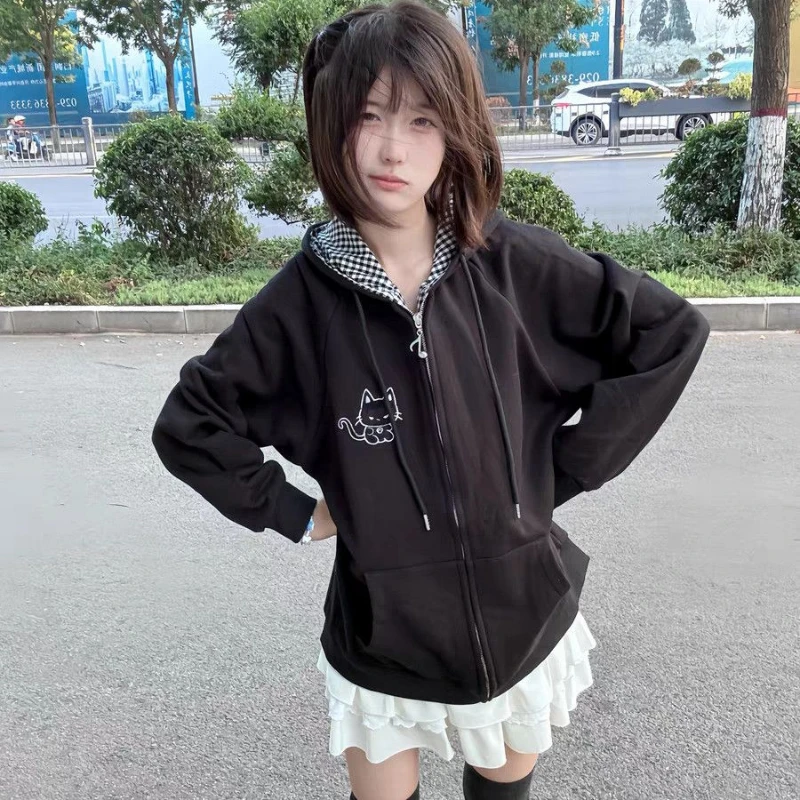 Japanese Cartoon Print Hoodies Women Harajuku Vintage Zipper Plaid Patchwork Sweatshirt Grunge Pocket Streetwear Y2k Aesthetic