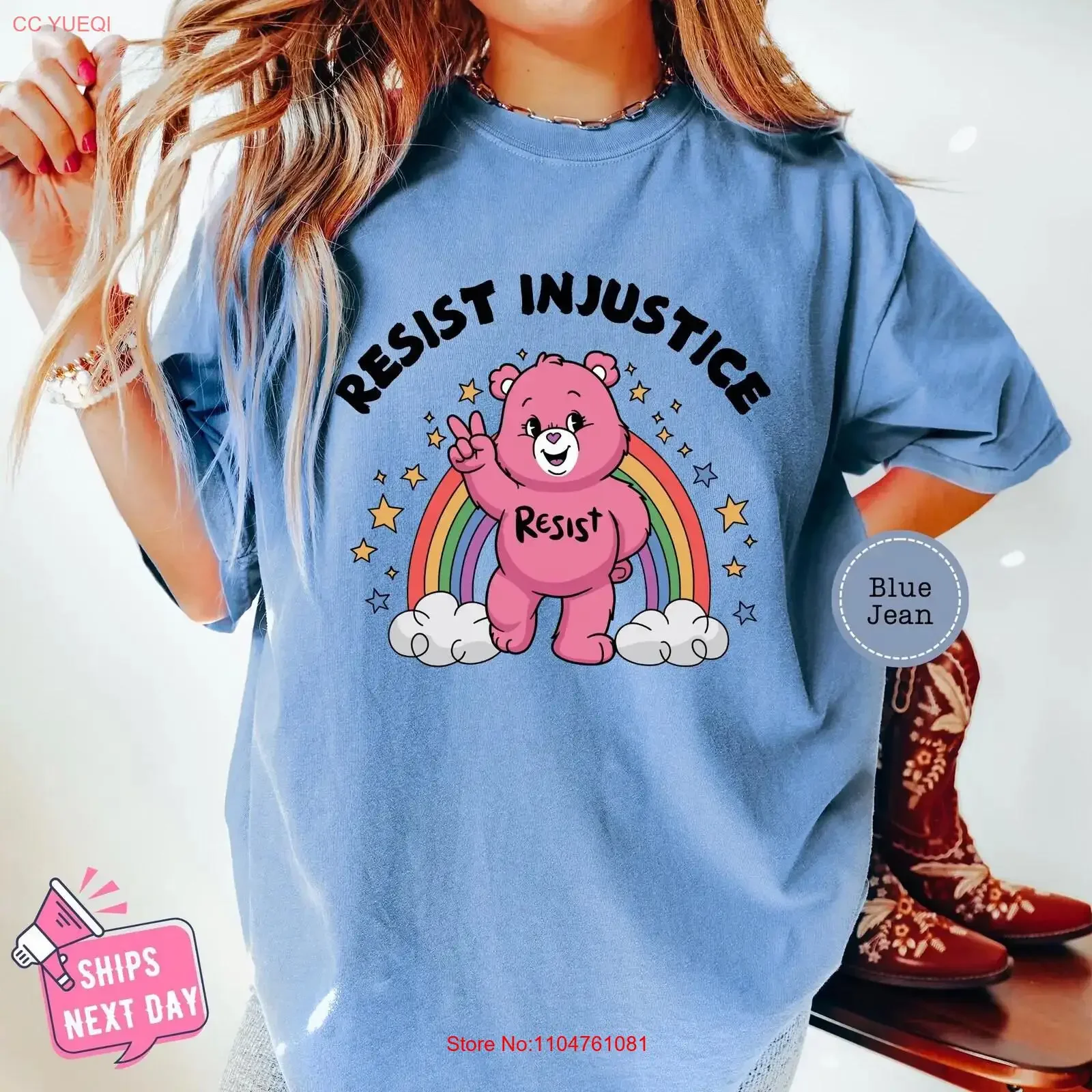 T-shirt arc-en-ciel « Resist Injustice » – Motif Rétro Ours « ProtesT People Over Profit » – Justice sociale – Style vintage délavé – Décontracté et élégant