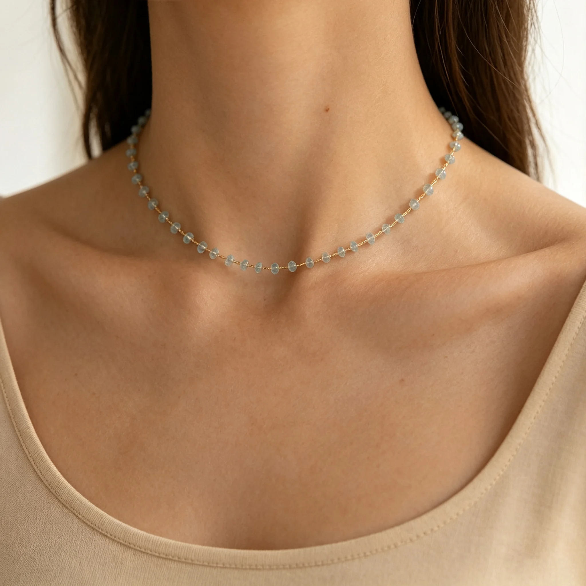 Minimalist Natural Blue Crystal Chip Necklace Waterproof Stainless Steel Delicate Beaded Chain Elegant Women Necklaces