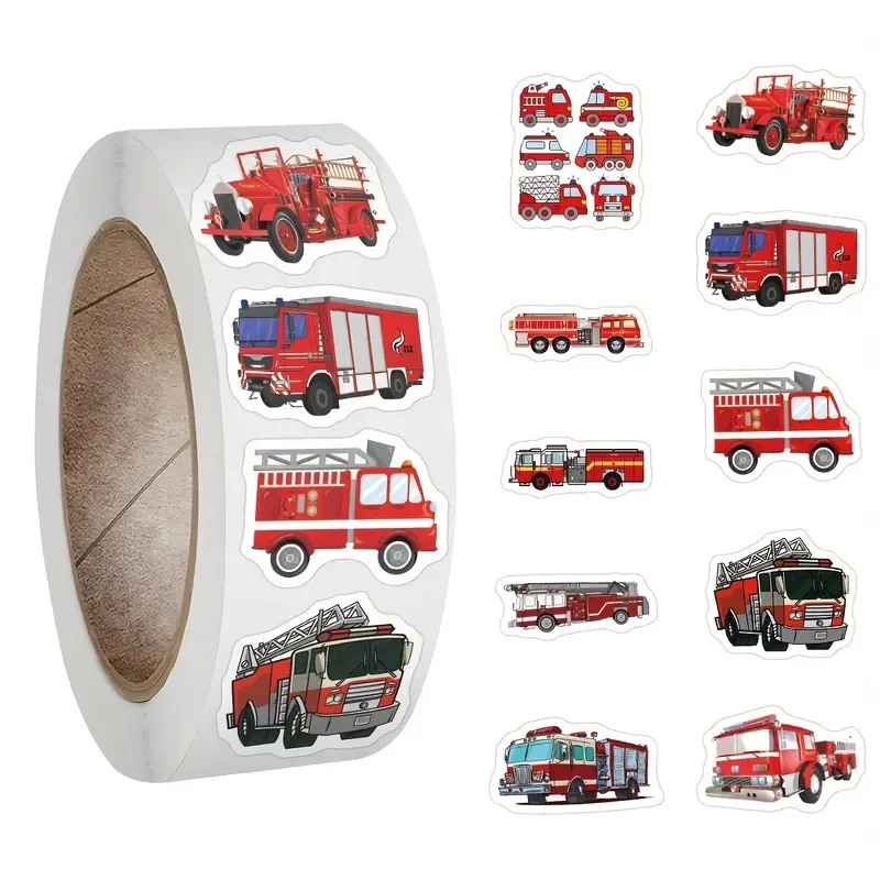 

100-500pcs Cute Fire Truck Stickers Party Christmas Gift Wrapping Label Scrapbook Cartoon Rewards Stationery Stickers