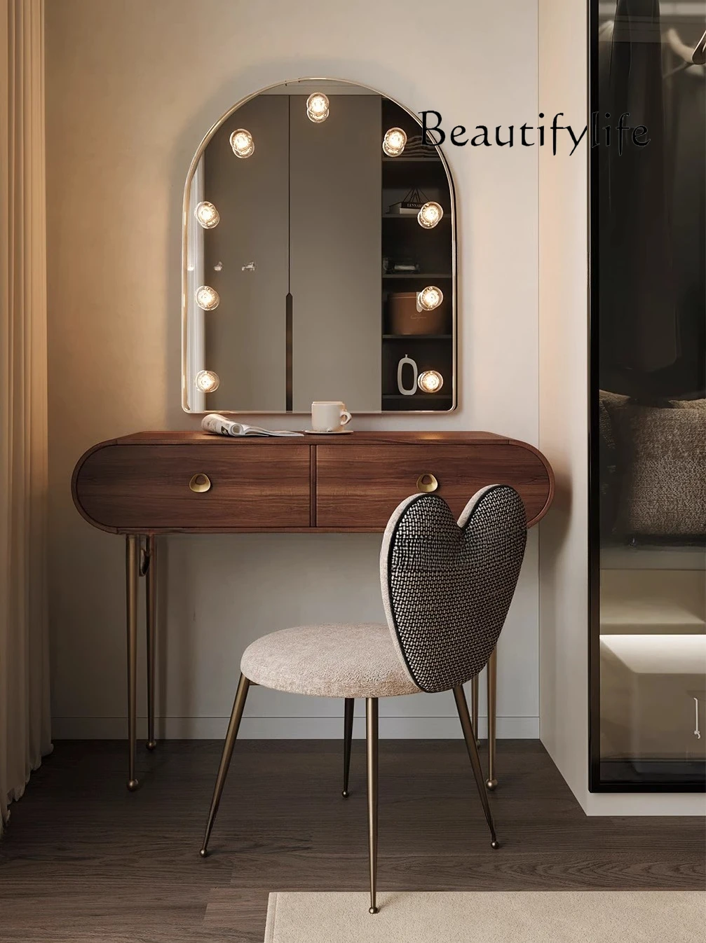

Modern simple French makeup dressing stool rotating desk chair creative French retro solid wood