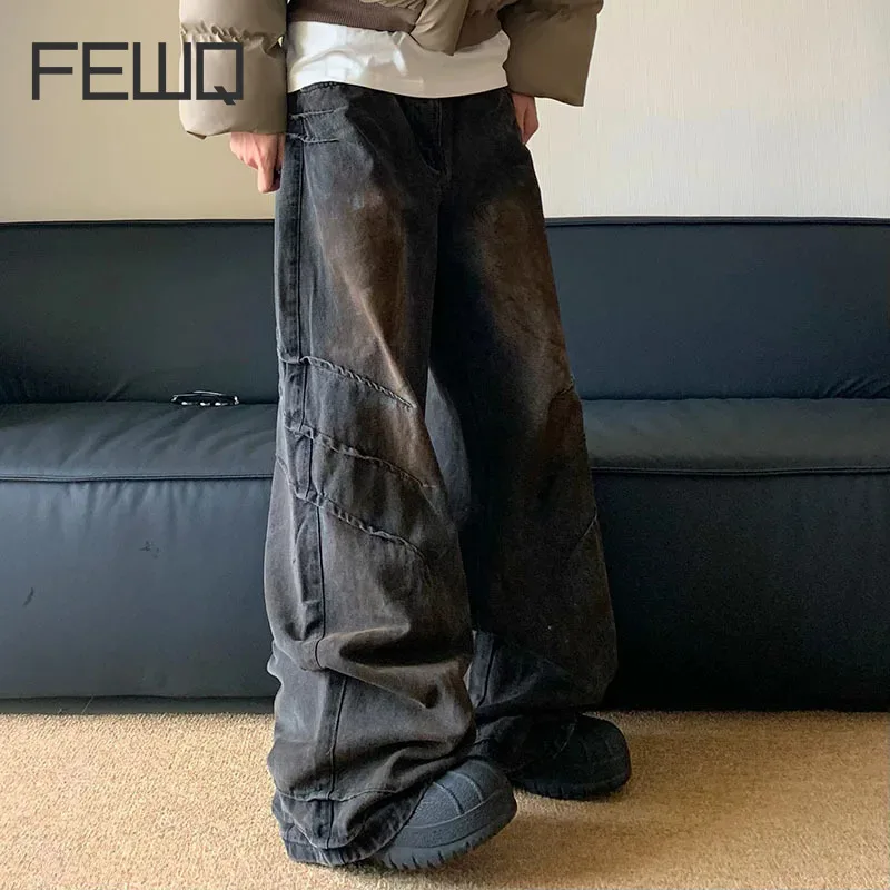 

FEWQ American Pleated Men Straight Leg Jeans High Street Design Niche Trend 2024 Vintage Male Trousers New Fashion 24E1171