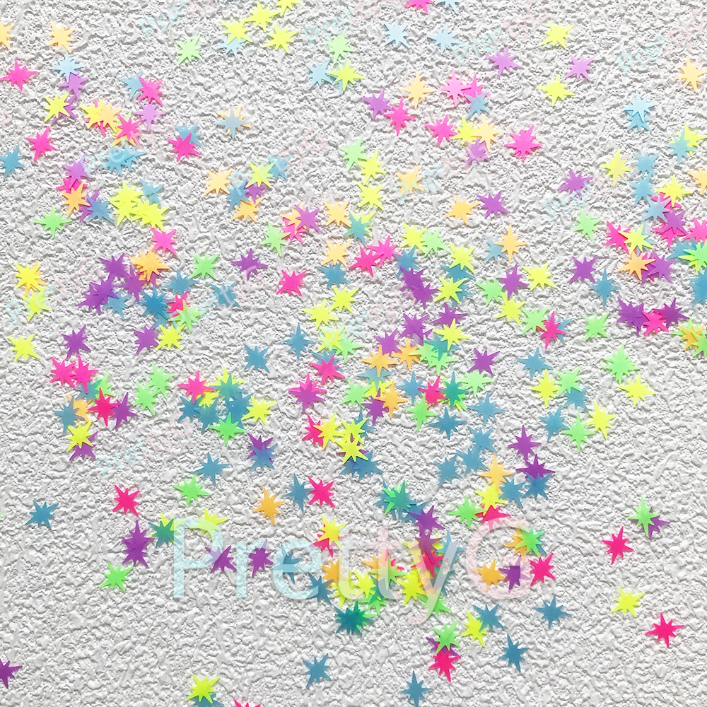 PrettyG 6-Color Set Box Neon Exploding Star Neon Fluorescent Glitter Sequins Cross Shape 8mm Star Luminous Nail Art Decoration