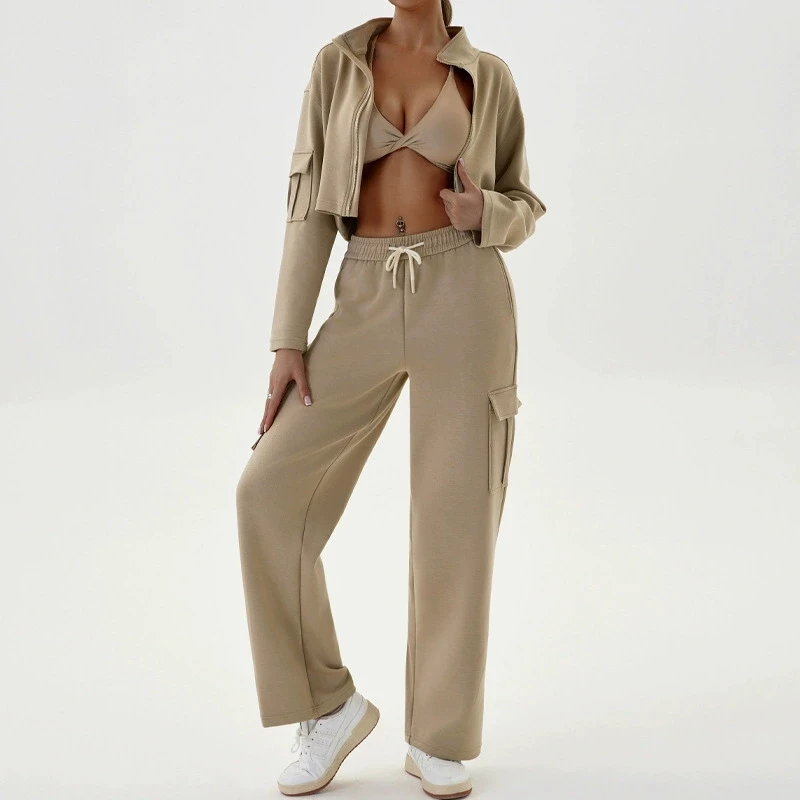 Casual Sporty Style Three Piece Set Women Sports Vest Zipper Short Coat High Waist Trousers 3 Piece Sets Commuting Clothing New