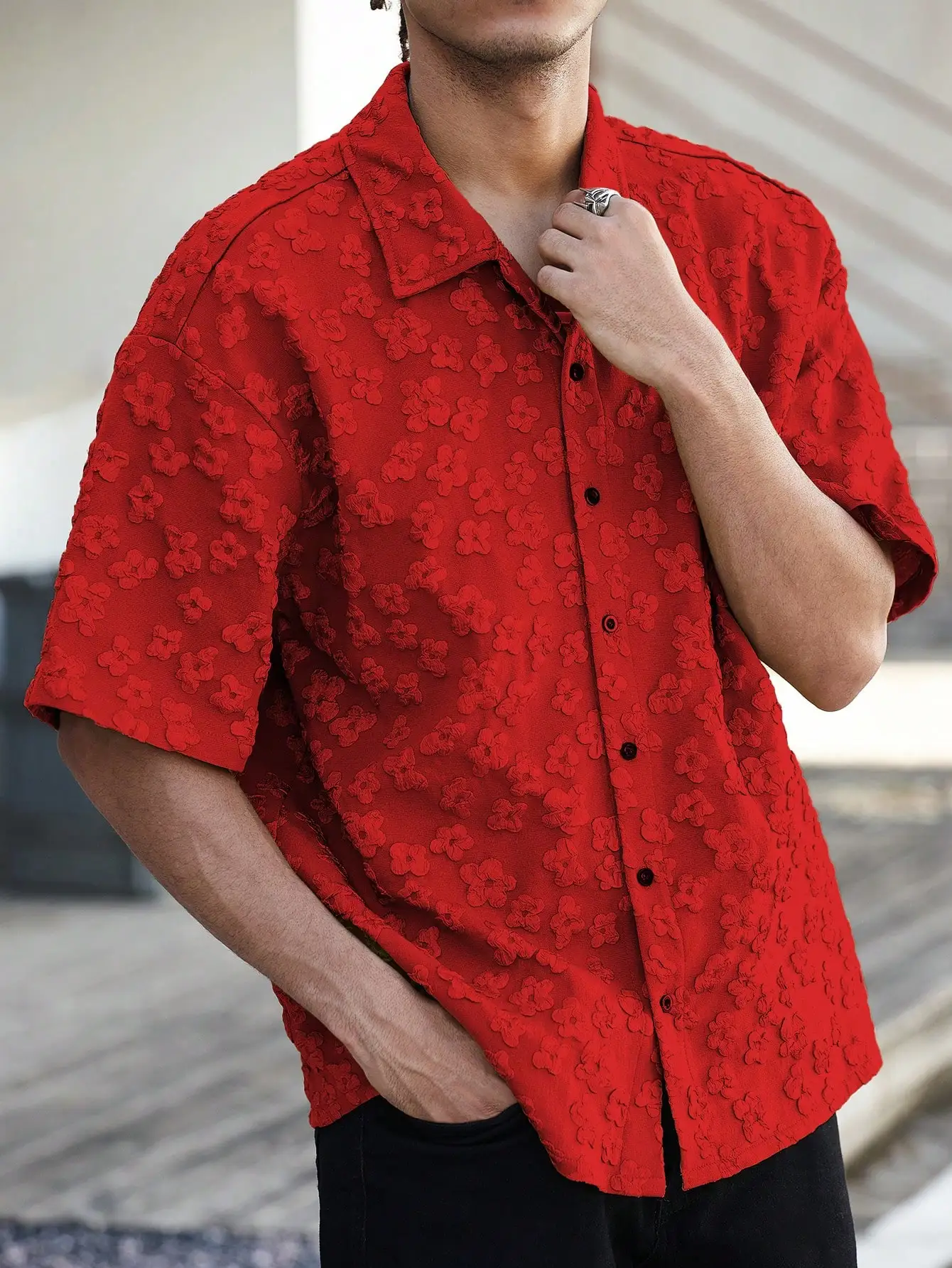 

Men's Red Floral Jacquard Short Sleeve Button-Up Casual Shirt
