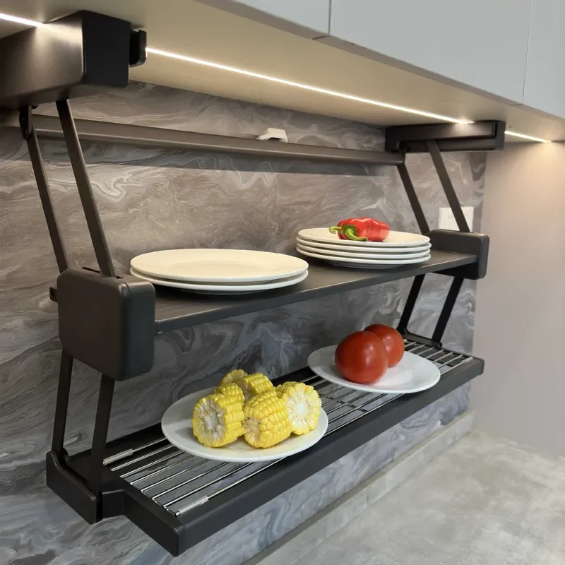 Double Layer Pull Down Kitchen Storage Rack Folding Hanging Cabinet Shelf Organizer For Meal Prep Wide Space Saving