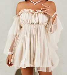 Off Shoulder Frill Trim Sheer Mesh Swing Dress Sexy Ruffle Loose Beach Dresses Slash Neck Mini Dress Elegant Mesh Party Vestidos