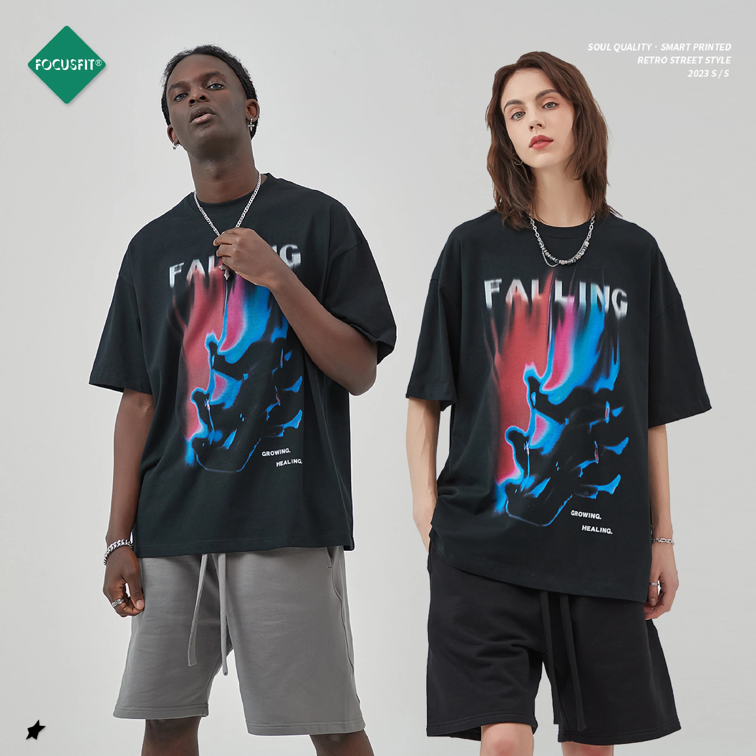 FOCUSFIT Popular logo 230 g cotton fun printing short sleeve T-shirt digital direct injection loose leisure coat male