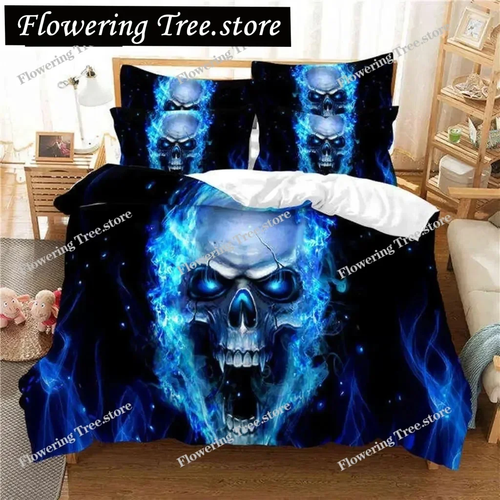 

Skull Duvet Cover Set Twin Size Microfiber Orange Fire Skull Bedding Set Kids Boys 3D Skull Design Soft Comfortable Quilt Cover