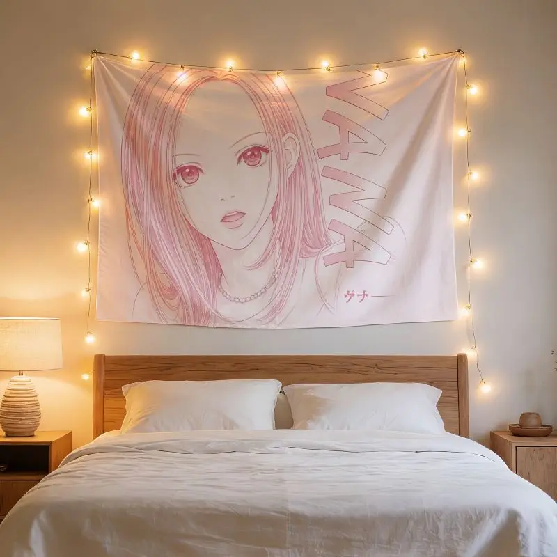 VIKAMA Anime-Wandteppich, rosa Linienkunst, Mädchen-Schlafzimmer-Wanddekoration, zweidimensionales Hintergrundtuch für Wohnzimmer und Schlafsaal