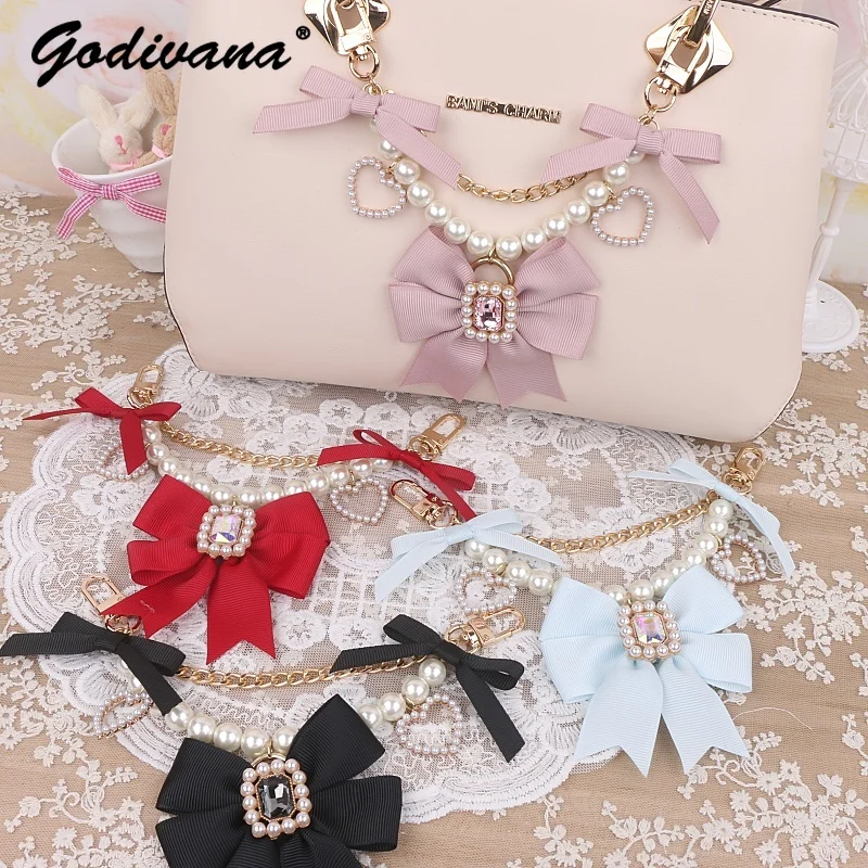 Handmade Japanese Mine Sweet Cute Stringed Pearls Bow Rhinestone Chain Itabag Bag Charms Cute Handbag Pendant Accessories