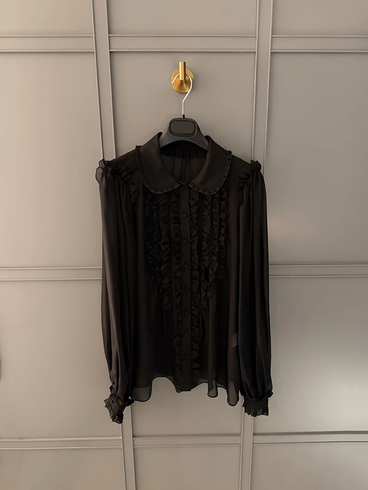 Summer Fashion Black Vintage Casual Silk Single Breasted Blouses Women's Turn-down Collar Shirring Flounces Long Sleeve Shirt