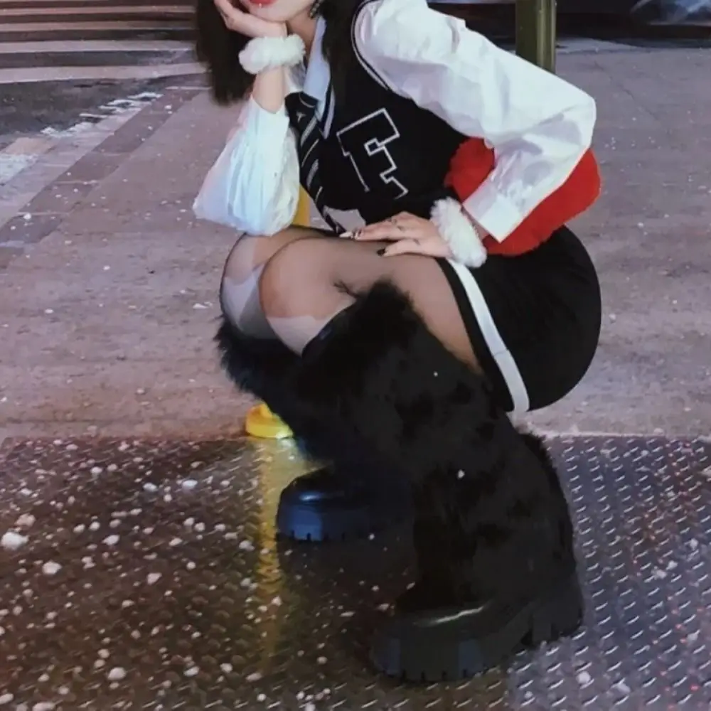 Jambières en fausse fourrure pour filles, chaussettes longues à Tube avec nœud épais, Y2K JK, hautes aux genoux, épicées