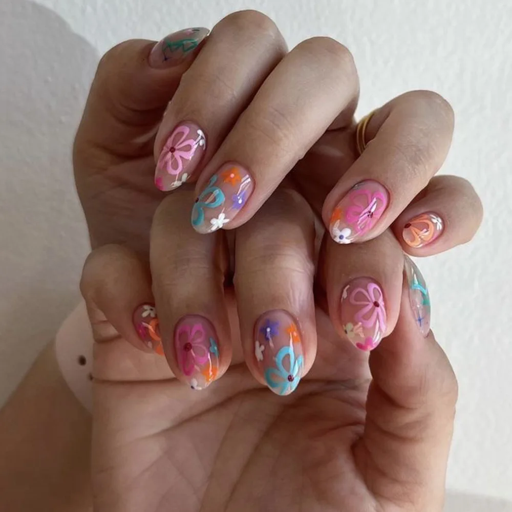 

24Pcs Short Round Head Fake Nails Press on Colorful Flower with Design Full Cover Nails Tips Art Wearable Artificial False Nails