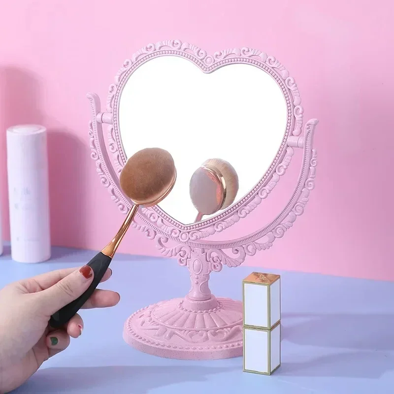 Rosa herzförmiger Make-up-Spiegel im europäischen Retro-Stil, hübscher ovaler Prinzessinnen-Kosmetikspiegel, kreativer Retro-Spiegel für Mädchen, Studentinnenwohnheim