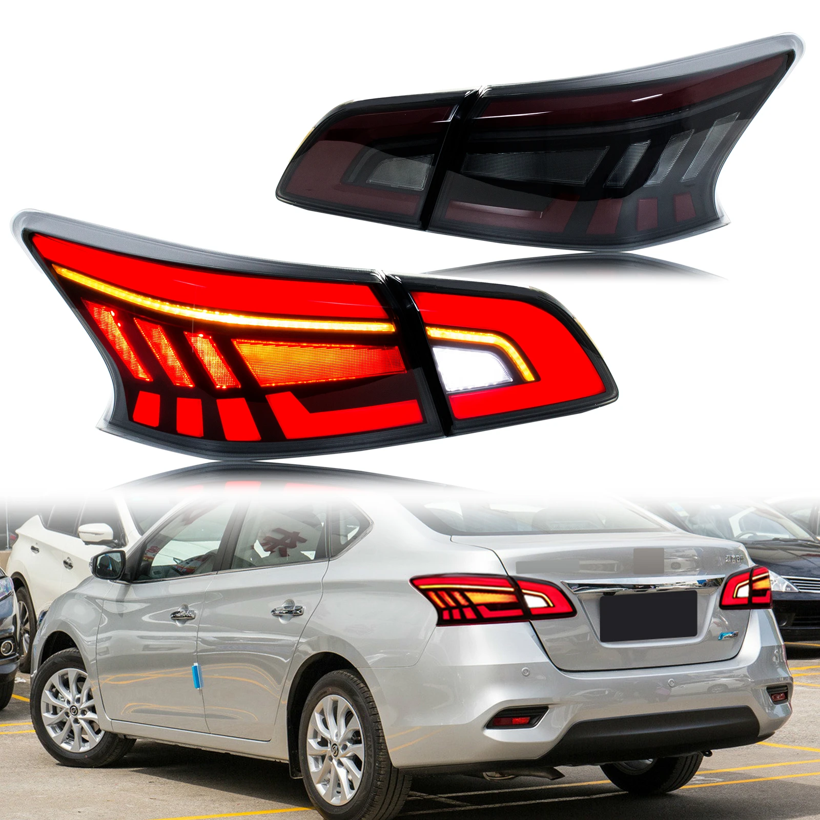 مجموعة مصابيح خلفية LED لنيسان سنترا 2013-2019 B17 الرسوم المتحركة الديناميكية متتابعة بدوره إشارة مجموعة المصابيح الخلفية السوداء #1