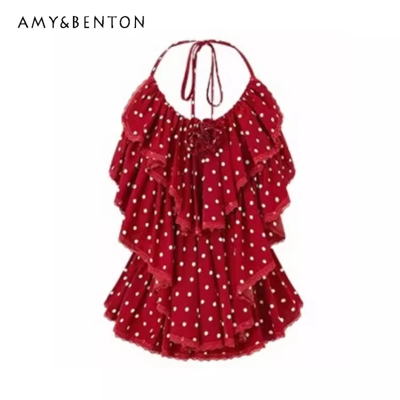 

Retro Design Red Polka Dot Ruffled Sexy Halter Women's Sling 2026 Summer New Lace Trim Sleeveless Sweet Cool Layered Vest Ladies