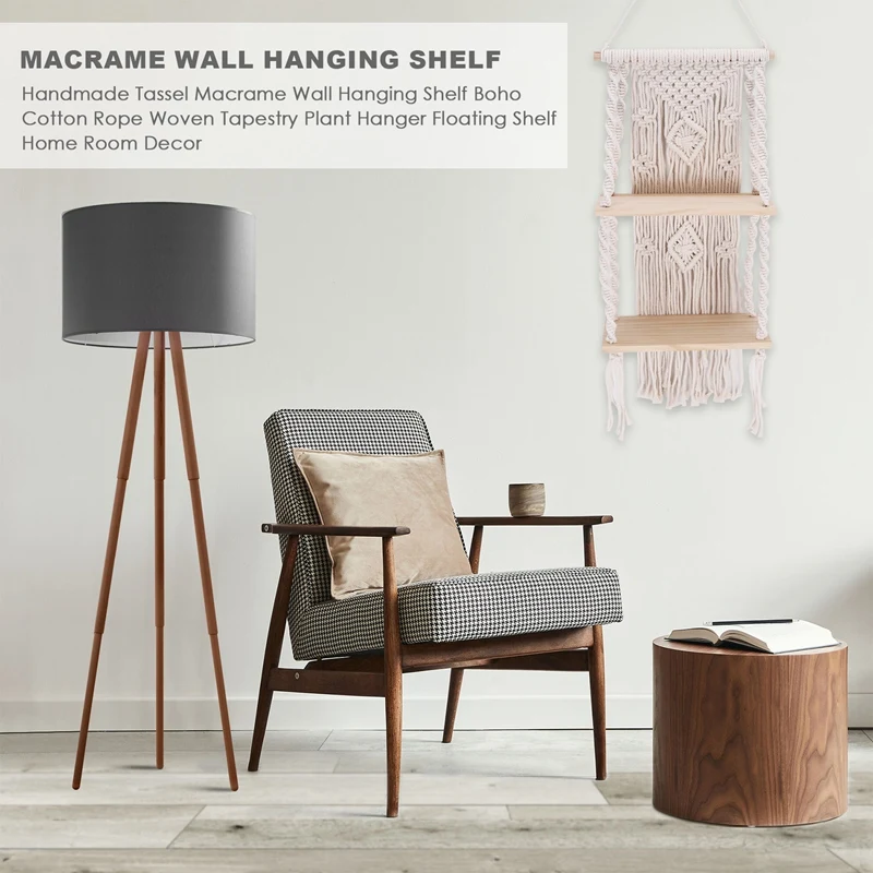 

A63K-Handmade Tassel Macrame Wall Hanging Shelf Boho Cotton Rope Woven Tapestry Plant Hanger Floating Shelf Home Room Decor