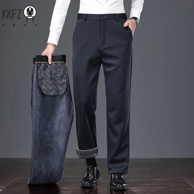 Slim Warm Male Formal Suit Slacks Wear Resistant Thick Plush Lining Elastic Cut Business Travel Versatile Long Pants