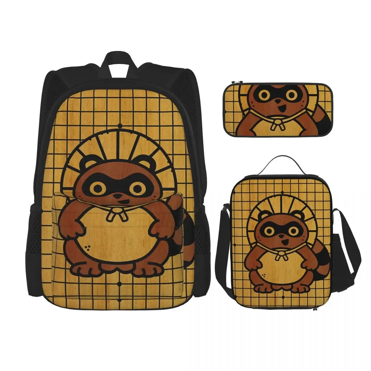 Conjunto de três mochilas escolares para crianças, mochilas Tenuki Tanuki para meninos e meninas, mochila infantil para desenhos animados, lancheira, bolsa de caneta