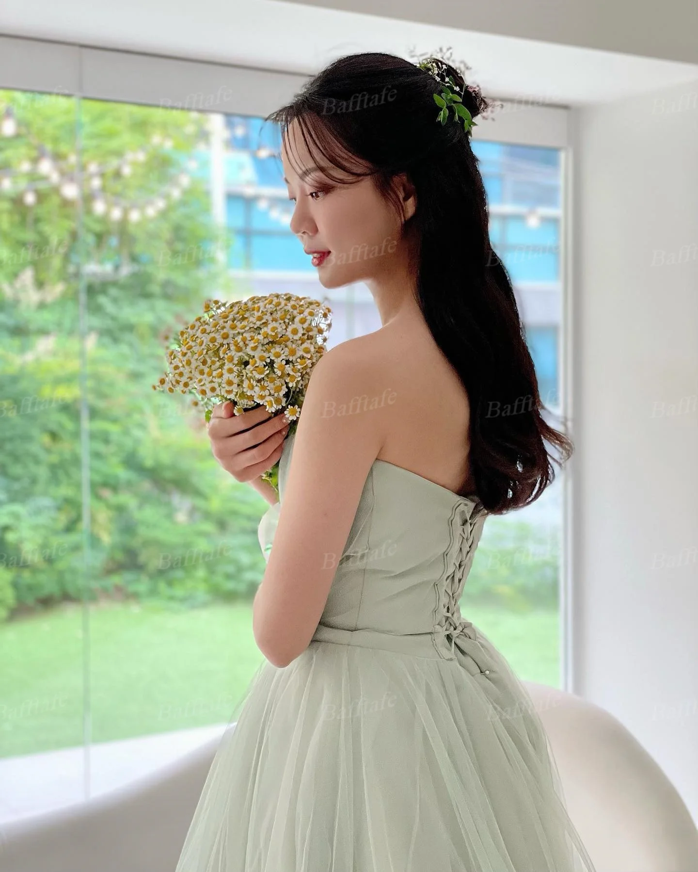 Bafftafe Mint Green Tulle Korea Party Dress Formal Prom Dresses Pleated Skirt Lace Up Back Customized Women Garden Evening Gowns