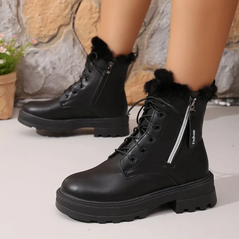 الخريف الشتاء قصيرة أفخم حذاء من الجلد النساء موضة سستة الأسود بولي Leather الجلود دراجة نارية أحذية امرأة الدانتيل يصل منصة بوتاس Mujer