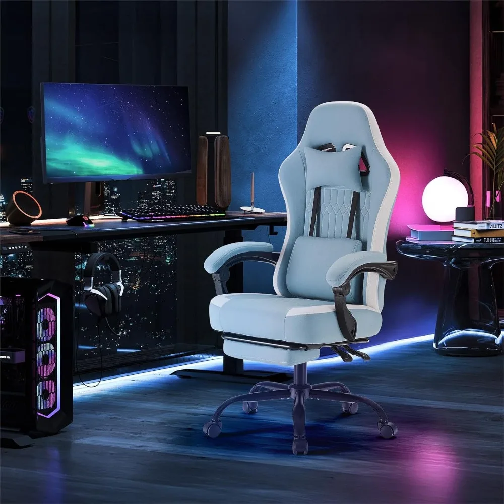 Ergonomic Gaming Chair with Footrest, Lumbar Support, Adjustable Armrests, Headrest, Swivel Wheels - Blue