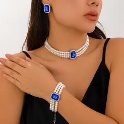 Elegant White Pearl Beads Necklace Bracelets Luxury Crystals Earring Set For Women Wedding Engagement Party Jewelry