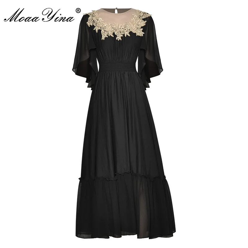 MoaaYina Fashion Designer dress Summer Women Dress O-neck Mesh Gold Appliques Elastic waist Balck Ladies Elegant Party Dresses