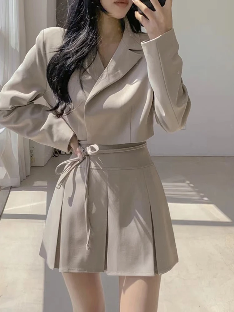 

Korean Sle ort Suit Jaet And Pleated Skirt Set for Women with Belt Long Sve High Waist Autumn Winter Outfit