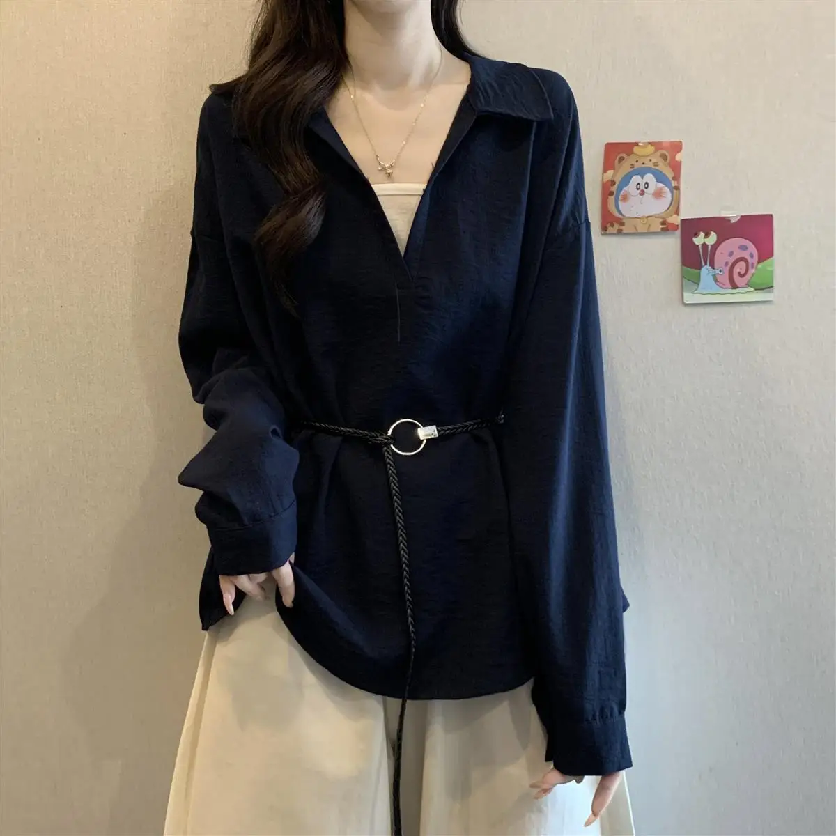 Textured Lapel Long Sleeve Shirt Women V Neck Loose Oversized Waist Belted Tunic Casual Blouse view 3