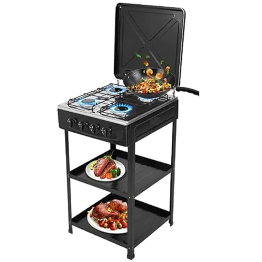 

4 Burner Gas Range with Support Leg Bracket and Wind Blocking Cover Adapter Manual Ignition Camping Stove for Outdoor Cooking a