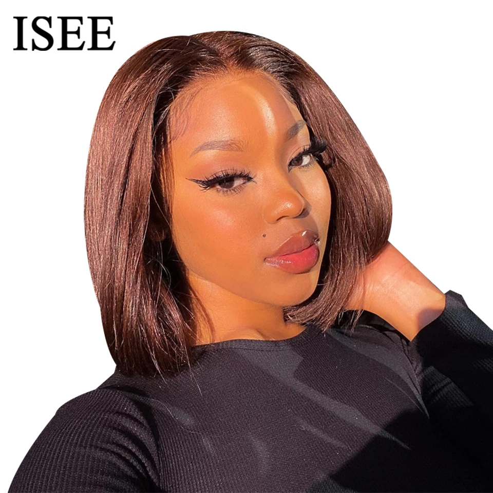 ISEE Hair Glueless Straight Bob Wig Chocolate Brown Lace Front Human Hair Wigs PreCut PrePlucked Short Bob Wigs Wear Go