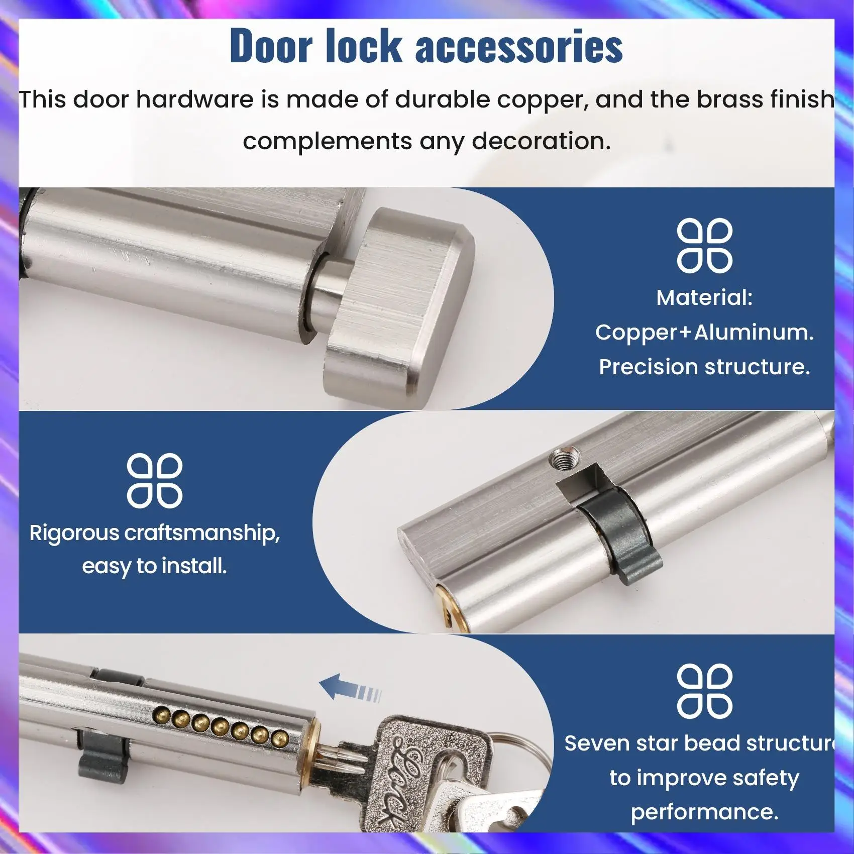 

A98Z Door Hardware 80Mm Security Copper Door Lock Cylinder Interior Bedroom Living Lock Handle Brass Key Locking