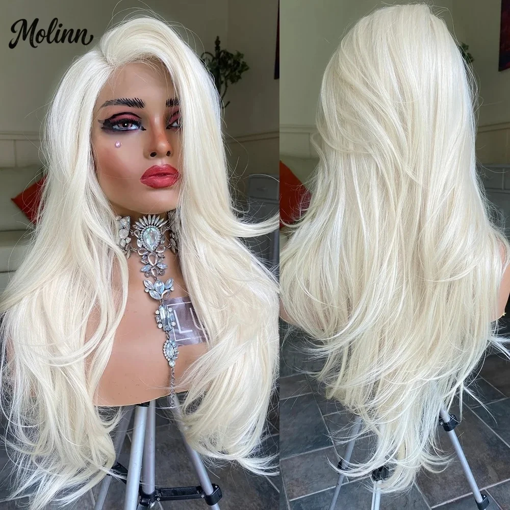 Pearl White Wig Natural Wave Layered Cut 13x4 HD Lace Front Wig Synthetic And Blend Free Part Pre Plucked Clearance Cosplay